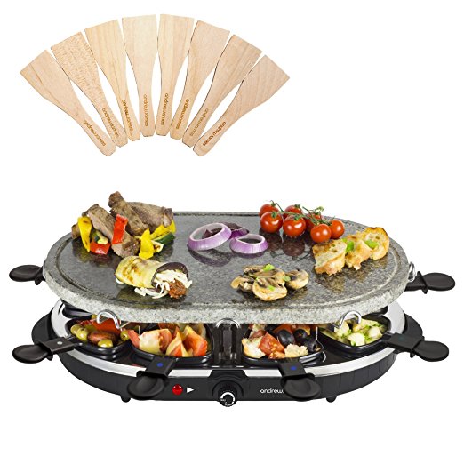 Andrew James Rustic Stone Raclette Grill for 8 People - Includes 8 Pans and Spatulas Easy Clean - Adjustable 1200W Thermostatic Heat Control