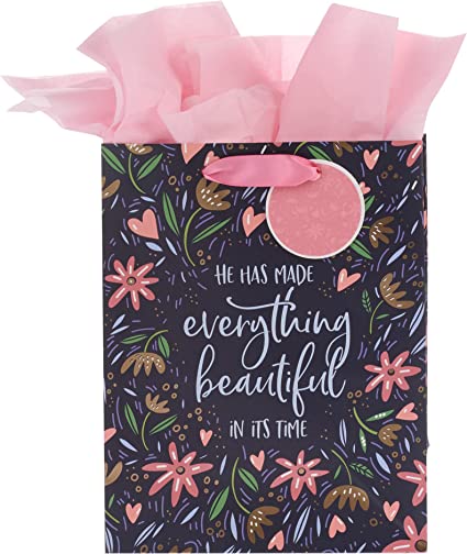 Christian Art Gifts Gift Bag/Tissue Paper He Has Made Everything Beautiful Ecclesiastes 3:11 Bible Verse, Pink/Yellow Wildflower, Medium