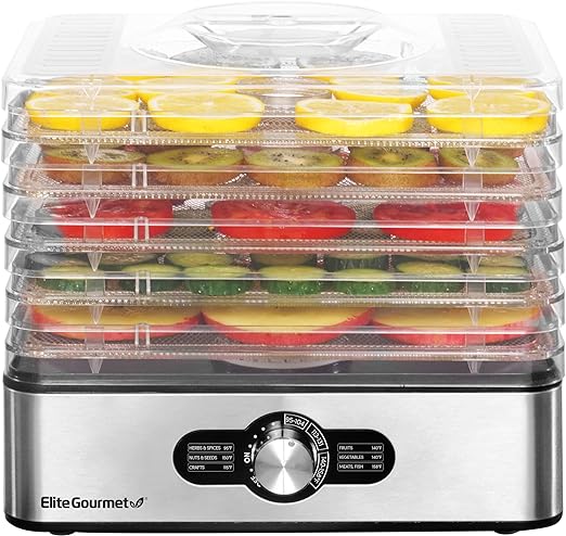 Elite Gourmet EFD3321X Food Dehydrator, Stainless Steel Trays Adjustable Temperature Controls, Jerky, Herbs, Fruit, Veggies, Dried Snacks, Stainless Steel