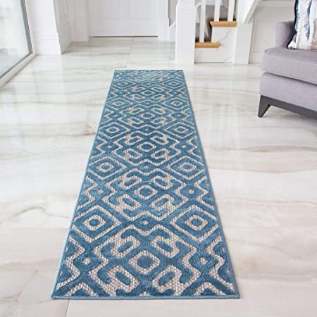 Modern Aqua Teal Blue Geometric Rug Durable Washable Pet Friendly Outdoor Indoor Kitchen Utility Woven Rugs Runner