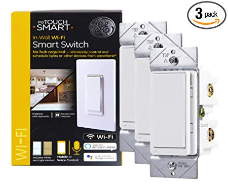 myTouchSmart 47761 GE WiFi Smart Light Switch 3-pack, 3-Way/Single Pole, Works with Alexa, Google Assistant, 2.4GHz, Neutral Wire Required No Hub Needed, White & Light Almond
