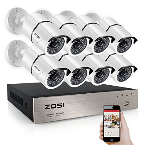 ZOSI 8 Channel Full 1080P HD-TVI Surveillance DVR System,8pcs 1980TVL Weatherproof Indoor/Outdoor Security Cameras NO Hard Drive White, 100ft IR night vision, Motion Detection and Remote Playback