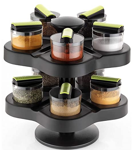 JD Brand Premium 10 Piece Multipurpose Revolving Plastic Spice Rack Storage Jar Condiment Set (Black), 250 ml