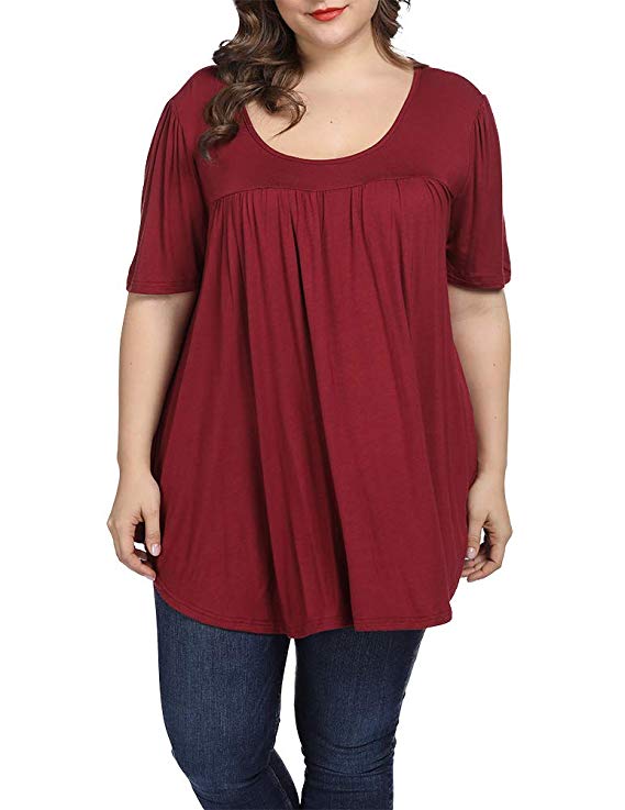 Allegrace Women Plus Size Tops Summer Casual Pleated Flowy Loose Scoop Neck Shirts