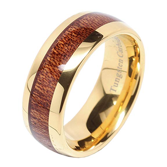 100S JEWELRY Mens Wedding Bands Tungsten Rings Koa Wood Inlay 14k Gold Plated Size 6-16