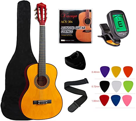 YMC Classical Guitar 1/2 Size 34” Inch Nylon Strings Classical Acoustic Guitar Starter Pack With Carrying Case & Accessories for Beginner Students Children-Natural