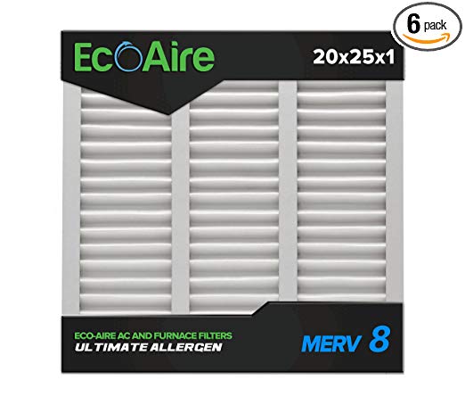 Eco-Aire 20x25x1 MERV 8, Pleated Air Filter, 20x25x1, Box of 6, Made in the USA