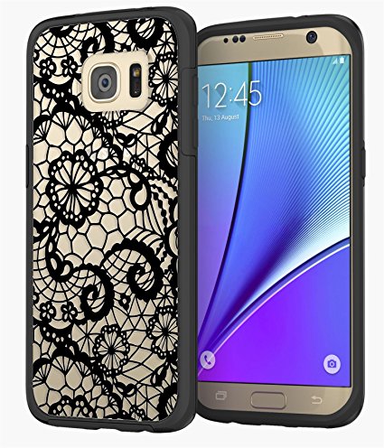Samsung Galaxy S7 Edge Lace Case, True Color Black Lace Pattern Printed on Clear Transparent Hybrid Cover Hard   Soft Slim Thin Durable Protective Shockproof TPU Bumper Cover