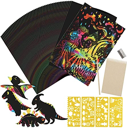HB HOMEBOAT Scratch Paper Art Set for Kids, 96 Pcs Rainbow Magic Scratch Off Arts and Crafts Supplies Kits Sheet Pack for Children Girls Boys Birthday Game Party Favor Christmas Easter Craft Gifts