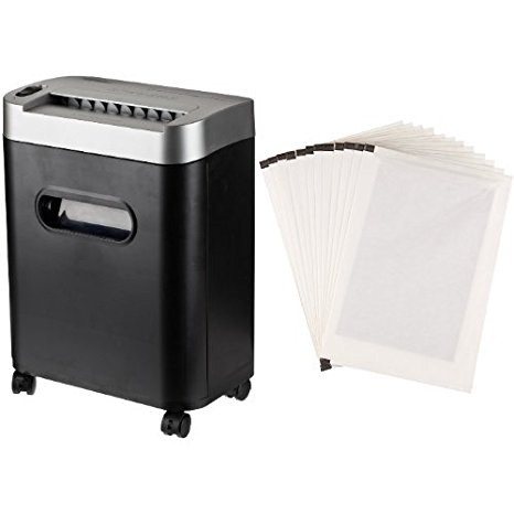 AmazonBasics 8-Sheet High-Security Micro-Cut Paper Shredder with Pullout Basket and Shredder Sharpening & Lubricant Sheets (Pack of 12) Bundle