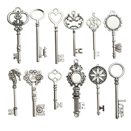 12pcs Antique Silver Huge Skeleton Key Craft Supplies Charms Pendants for Crafting, Jewelry Findings Making Accessory For DIY Necklace Bracelet m102 (Huge Key Charms)