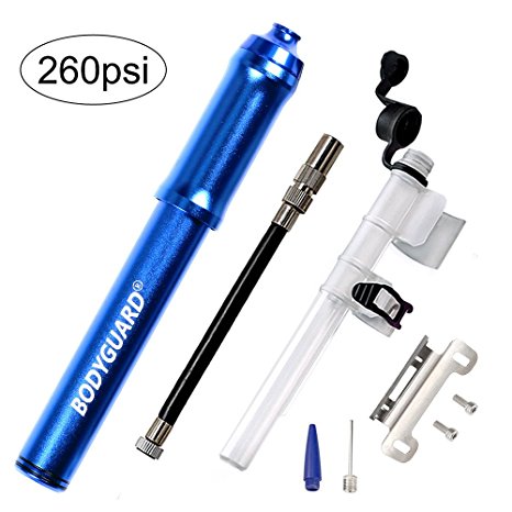 Bodyguard Mini Bike Pump - Reliable Hand Air Pump, Presta and Schrader Valve Compatible with Road, Mountain and BMX Bicycle Tires, High Pressure 260 Psi, 7.3 inches