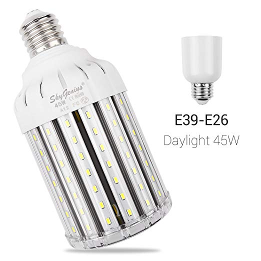 45W LED Corn Light Bulb, 4500Lm 6000K Cool White E39 & E26, for Metal Halide HID HPS Replacement Garage Parking Lot High Bay Warehouse Street Lamp Lighting