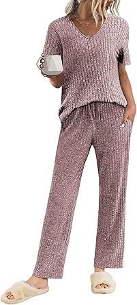 Ekouaer Womens Ribbed Knit Lounge Set Short Sleeve Top and Long Pants Sleepwear Pajama Set Two Piece Matching Outfits Set