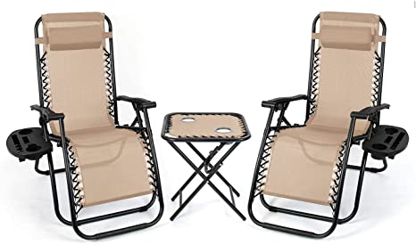 Flamaker Zero Gravity Chairs Outdoor Folding Recliners Adjustable Lawn Patio Lounge Chair with Side Table and Cup Holders for Poolside, Yard and Camping (Beige)