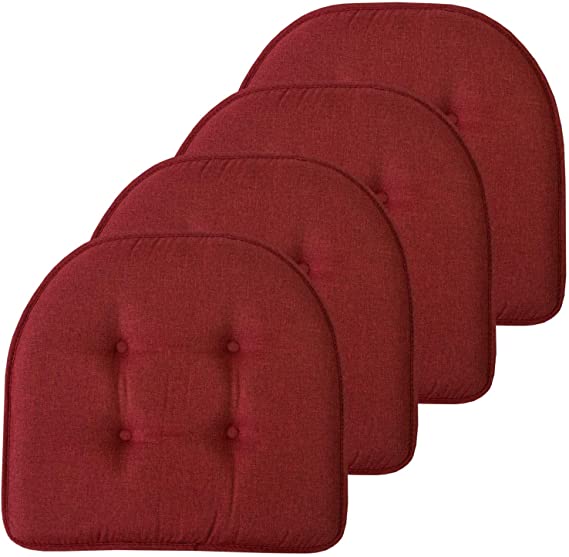 Sweet Home Collection Chair Cushion Memory Foam Pads Tufted Slip Non Skid Rubber Back U-Shaped 17" x 16" Seat Cover, 4 Pack, Wine Burgundy