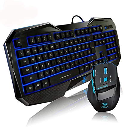 Aula Blue LED Illuminated Backlit Multimedia Gaming Keyboard Plus Mouse Kit