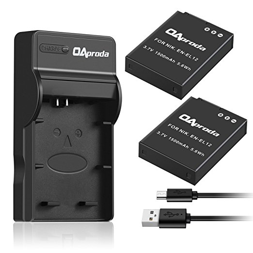 OAproda EN-EL12 Battery (2 Pack) and Ultra Slim Micro USB Charger for Nikon ENEL12 and Nikon Coolpix AW100, AW100s, AW110, AW110s, S31, S610, S620, S630, S640, S9200, S9300, S9400, S9500, P310, P300