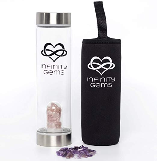 Infinity Gems Crystal Water Bottle For Crystal Elixir Water   (Rose Quartz & Amethyst) FDA Approved BPA Free Heat Resilient Glass Crystal Infused Water Bottle Healing Crystal Elixir Water Bottle