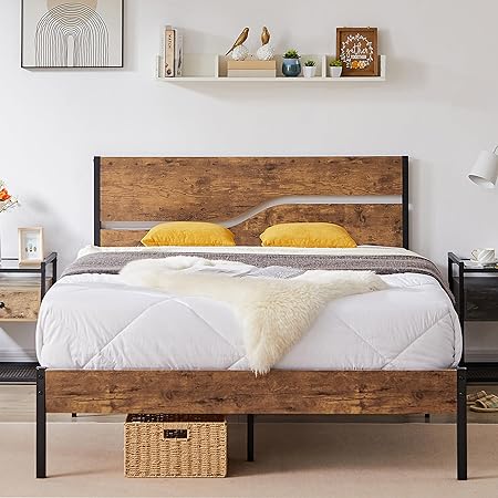 VECELO Queen Size Platform Bed Frame with Rustic Wood Headboard, Strong Slats Support No Box Spring Needed, Easy Assembly