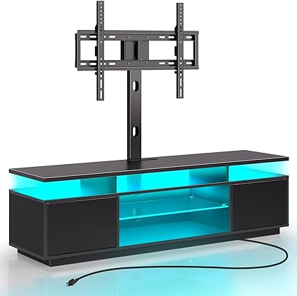 Rolanstar TV Stand with Mount and Power Outlet 51.2", Swivel TV Stand Mount for 32/45/55/60/65/70 inch TVs, Height Adjustable Modern Entertainment Center with Storage & LED Lights, TV Table Black