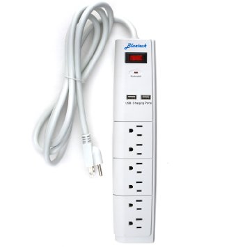 Bluetech 6 Outlet Surge Protector with Dual USB Ports and 6 Ft Cord, White