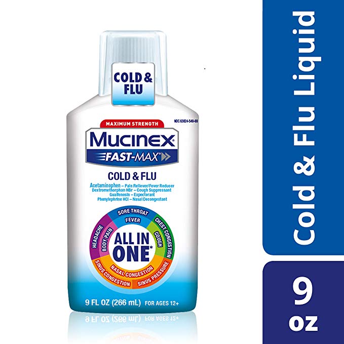 Mucinex Fast-Max Cold & Flu All-in-One Maximum Strength Liquid- Relieves Headache, & Sinus Congestion, Sore Throat, & Cough With Acetaminophen, Dextromethorphan, Phenylephrine & Guaifenesin, 9 oz.