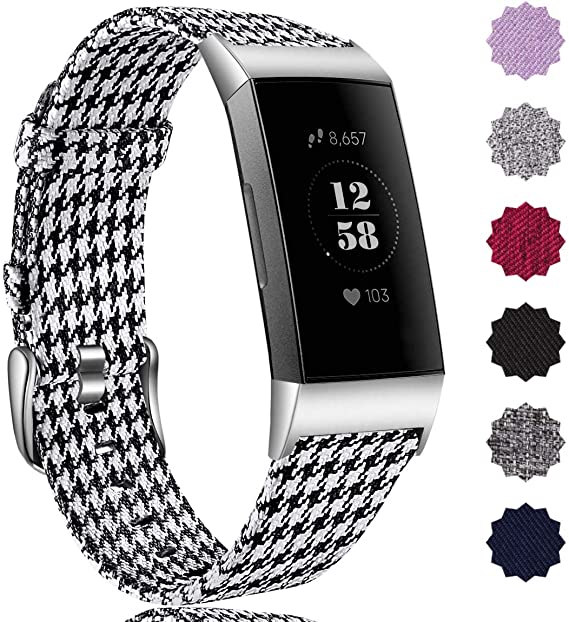 Maledan Bands Compatible with Fitbit Charge 4 / Fitbit Charge 3 / Charge 3 SE, Durable Woven Fabric Watch Band Replacement Accessories Strap Wristband for Women Men, Large, Black/White Plaid