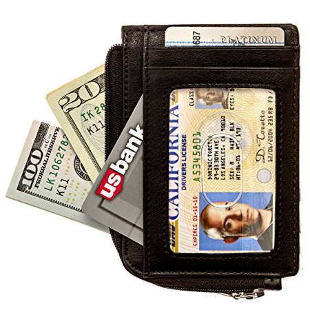Full Voyage RFID Blocking Slim Wallet FV08 with Window for ID Badge, 7 Card Holder Slots - 270-Degree Zipper - Black Leather