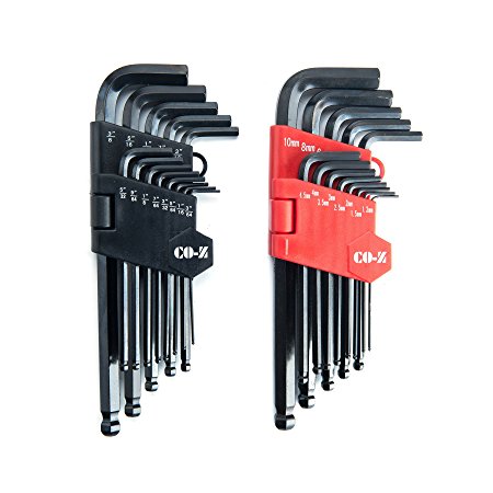 CO-Z 26PCS Long Metric/ Inch Allen Wrench Set, Chrome Vanadium Steel Hex Key Wrenches Set with Black-Oxide Finish