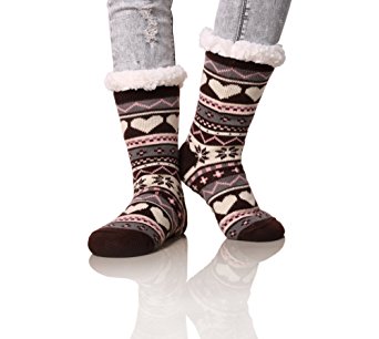 Dosoni Women's Winter Snowflake Fleece Lining Knit Christmas Knee Highs Stockings Slipper Socks