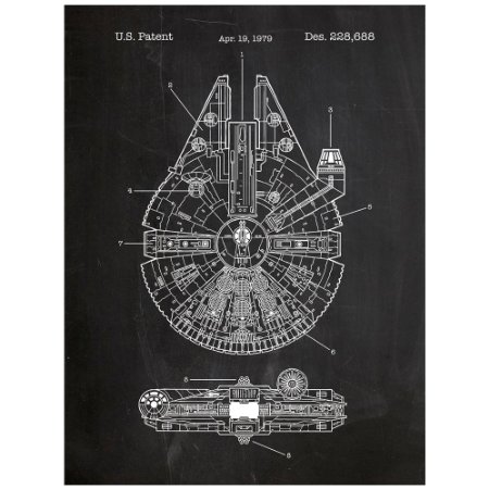 Inked and Screened Star Wars Millennium Falcon Design Patent Art Poster Silk Screen Print 18 L x 24 H Chalkboard