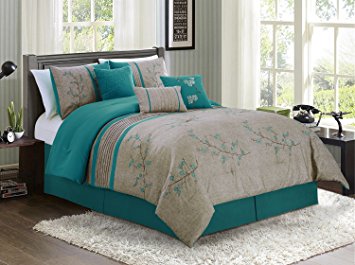 Noriko by Chezmoi Collection Luxury 7-piece Teal Cherry Blossoms Floral Embroidery Bedding Comforter Set (Full, 86" x 88")