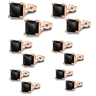 Anni Coco 18K Gold Plated Stainless Steel Needle Princess Cut Clear Black CZ Stud Earrings Set, 3mm-8mm 6 Pairs