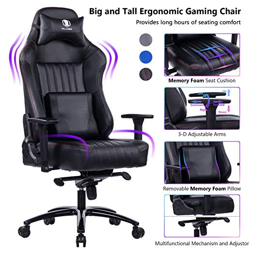 KILLABEE Big and Tall 181kg Memory Foam Gaming Chair-Adjustable Tilt, Angle and 3D Arms Ergonomic High-Back Leather Racing Executive Computer Desk Office Metal Base, Black