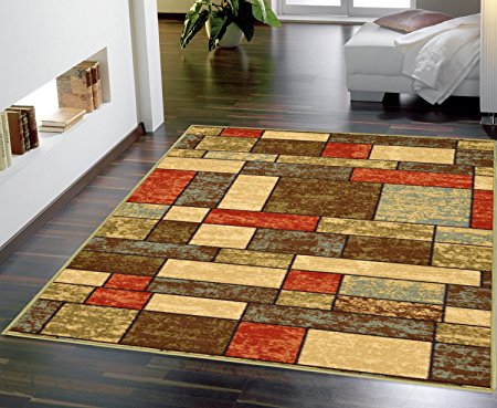 Ottomanson Ottohome Collection Contemporary Boxes Design Area Rug, 3'3"W x 5'0"L, with Non-Skid Rubber Backing, Multicolor