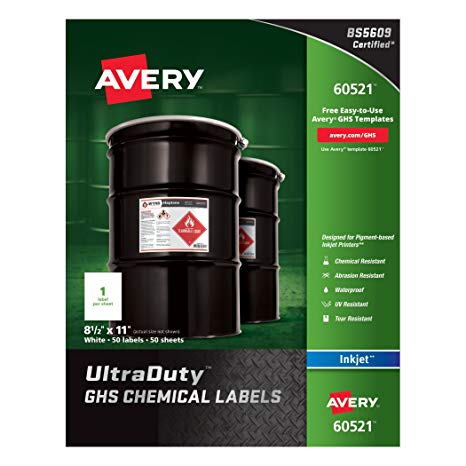 Avery Ultra Duty GHS Chemical Labels for Pigment Inkjet Printers, Waterproof, UV Resistant, 8.5" x 11" (60521)