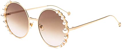 Naimo Fashion Round Pearl Decor Sunglasses UV Protection Metal Frame