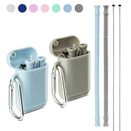 Yoocaa Reusable Silicone Collapsible Straws -2 Pack Portable Drinking Straw with Colorful Carrying Case and Cleaning Brush, BPA Free - Grey Blue