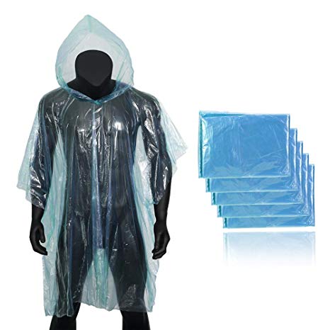 Forbidden Road Poncho Hood 5 Pack (One Size Fit All) Emergency Disposable Rain Poncho Cover Raincoat Lightweight Super Waterproof Camping Hiking Backpacking Traveling Fishing Outdoor