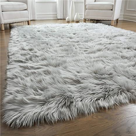 Gorilla Grip Premium Faux Fur Area Rug, 3x5, Fluffy Shag Carpet Accent Rugs for Bedroom and Living Room, Luxury Indoor Home Decor, Bed Side Floor Plush Carpets, Rectangle, Light Gray