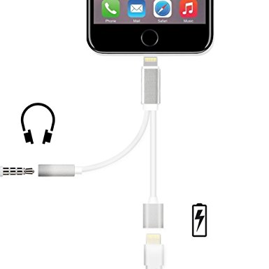 Outtek iPhone 7 / 7 Plus 2 in 1 Lightning Charging Cable 3.5mm Headphone Adapter and Lightning Charging Port Extension Cable for Apple Device (Silver)