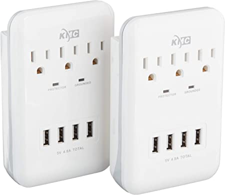 KMC 3-Outlet Wall Mount Surge Protector 900 Joules with 4.8 AMP USB Charging Ports, 4 USB Charging Ports and 1 Phone Holders for Home, School, Office, ETL Certified（2 Pack）