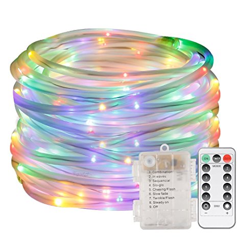 VICBAY LED Rope Lights Outdoor, 33ft 100LEDs Waterproof String Lights Battery Operated, 8 Lighting Modes Fairy Lights Outdoor Lights for Christmas Garden Patio Tree Fence Decoration, RGB