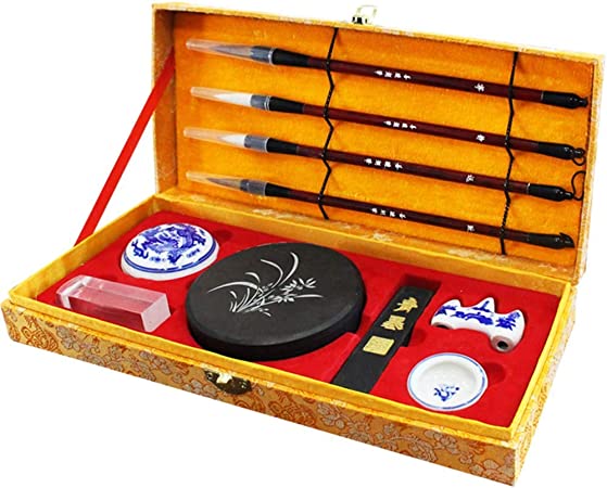 Mozentea Chinese Calligraphy brush Kit Set of 10, with Ink Stick & Ink Stone for Painting Japanese Sumi-e or Writing Kanji S-F-Z1