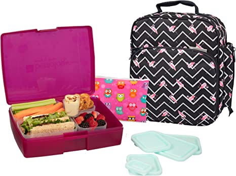Bentology Lunch Bag and Box Set for Girls, 9 Pieces Total - Kids Insulated Lunchbox Tote, Bento Box, 5 Containers and Ice Pack - Flamingo