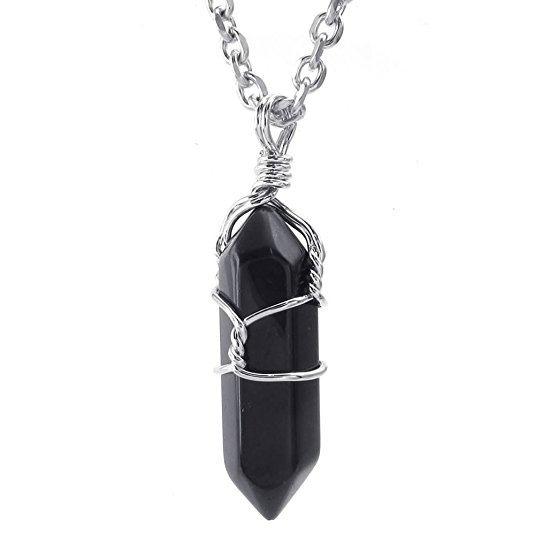 KONOV Mens Womens Natural Gemstone Agate Onyx Hexagonal Prism Pile Pendant Necklace, 24 inch Chain, Black