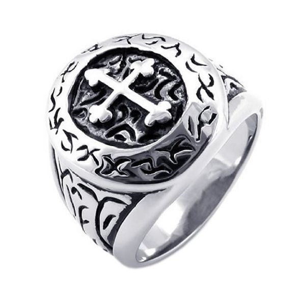 KONOV Classic Vintage Cross Mens Ring, Stainless Steel Band, Silver