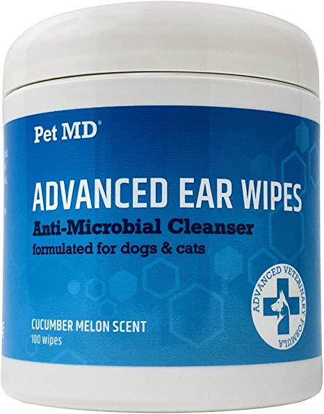 Pet MD Cat and Dog Ear Cleaner Wipes - Advanced Otic Veterinary Ear Cleaner Formula - Dog Ear Infection Treatment Eliminates Yeast and Bacteria - 100 Alcohol Free Ear Wipes with Soothing Aloe Vera