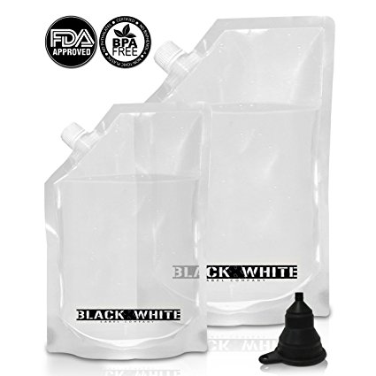 (2) Black & White Label Premium Plastic Flasks Liquor Rum Runner Flask Cruise Kit Sneak Alcohol Drink Wine Pouch Bag Set Heavy Duty Reusable Concealable Flasks For Booze (1x32oz   1x16oz   Funnel)